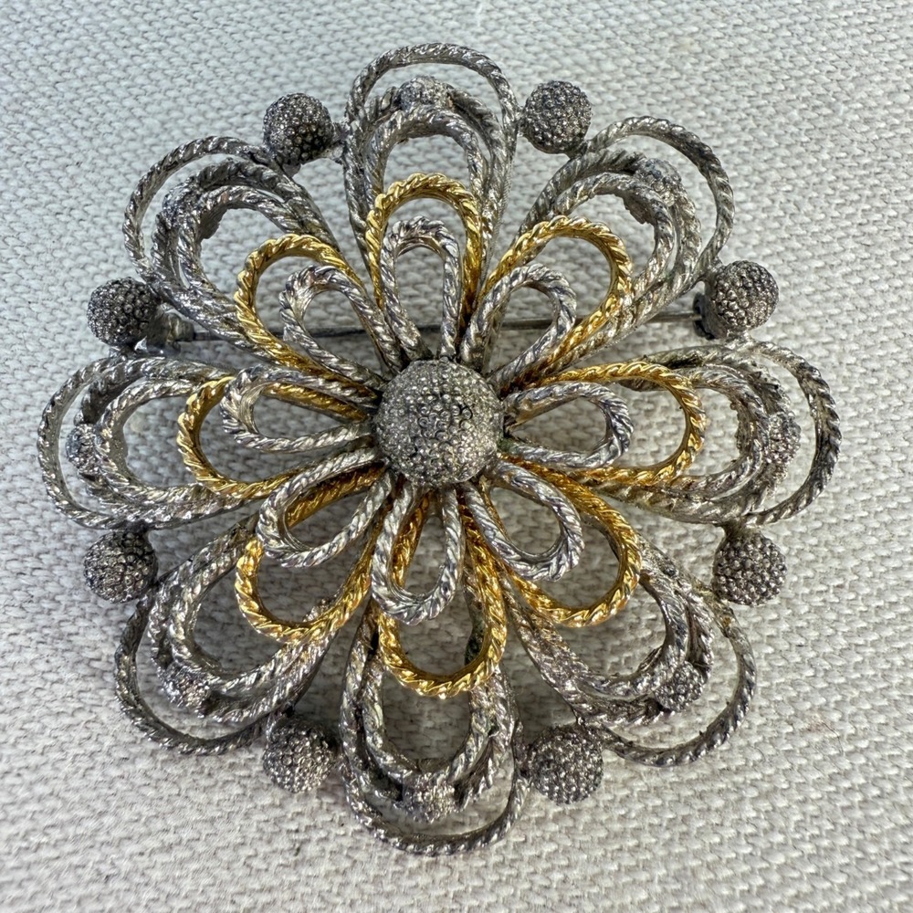 Vintage MCM Flower Brooch Mixed Metals Silver Tone 2" Statement Mid-Century
